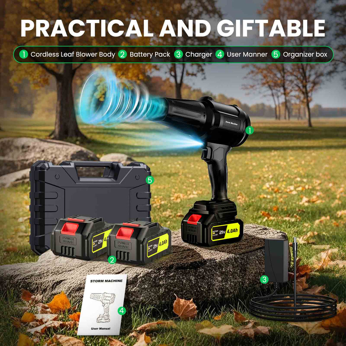 Cordless Leaf Blower, 500000RPM Handheld Leaf Blower with 2 X 4.0Ah Batteries & Charger, Lightweight Leaf Blowers for Patio Cleaning, Lawn Care, Leaves, Dust, Dark