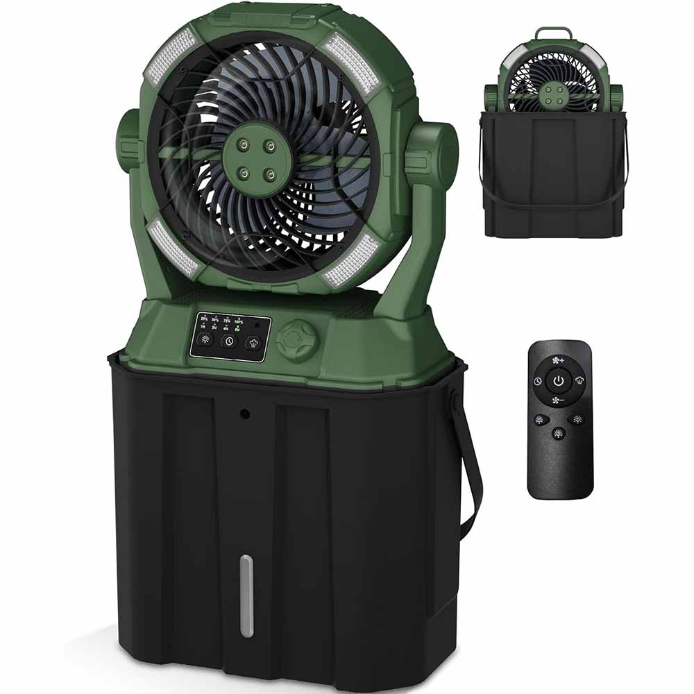 Misting Fan Portable Camping Fan 42800mAh Rechargeable with Remote Control, 3 LED Light & Stepless Speed Control & Cooling Spray with 6L Bucket, Timer Function, Portable Handle, Rotating Hanging Hook
